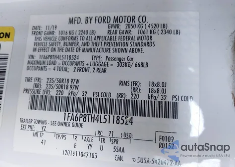 2020 Ford Mustang Ecoboost Premium Fastback z USA, uszkodzony, nr VIN 1FA6P8TH4L5118524